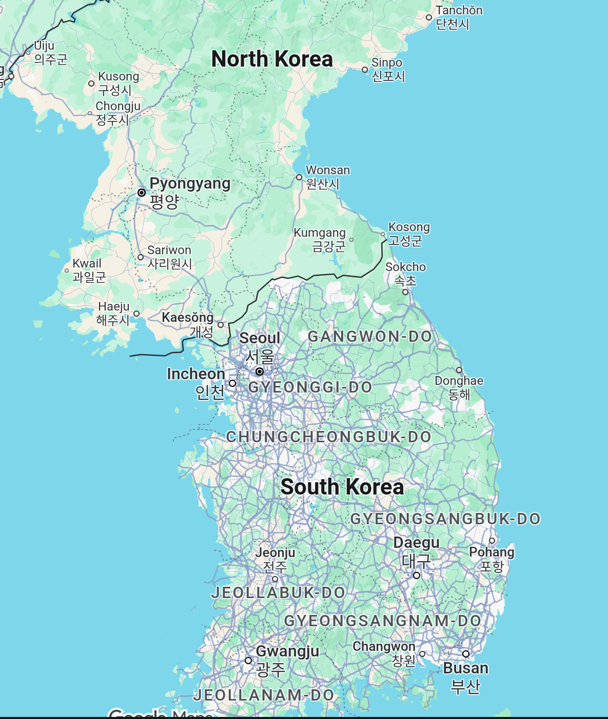 Map of North Korea and South Korea